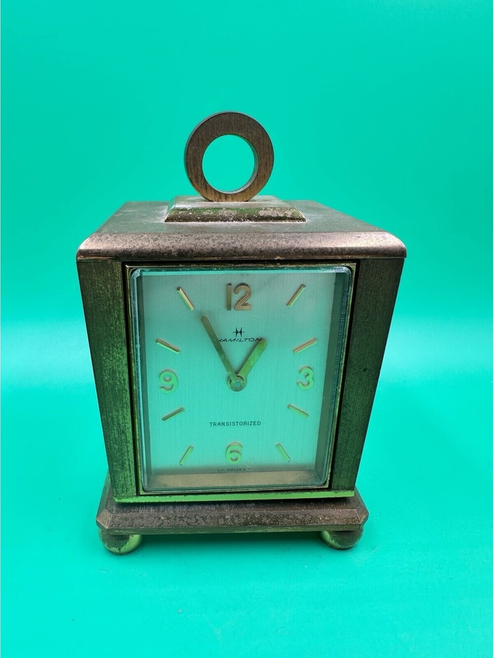 Vintage Swiss Hamilton Quartz Temp Barometer Weather Station Brass Table Clock